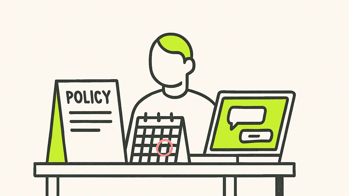 A policy document on a desk with a calendar page turned to a highlighted date, next to a laptop showing a chat interface.