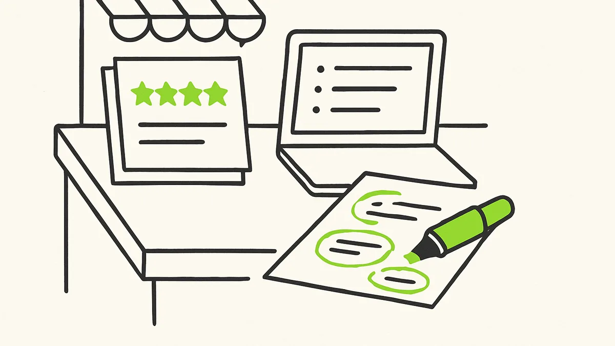 A small business owner at a counter reading a printed stack of customer reviews next to a laptop showing a summarized list of themes.
