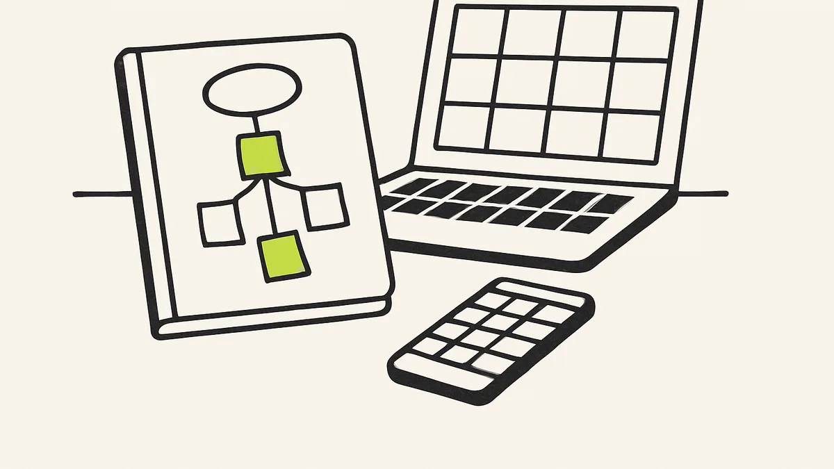 A notebook with one idea written at the top and several branching sticky notes beneath it, next to a laptop and phone.