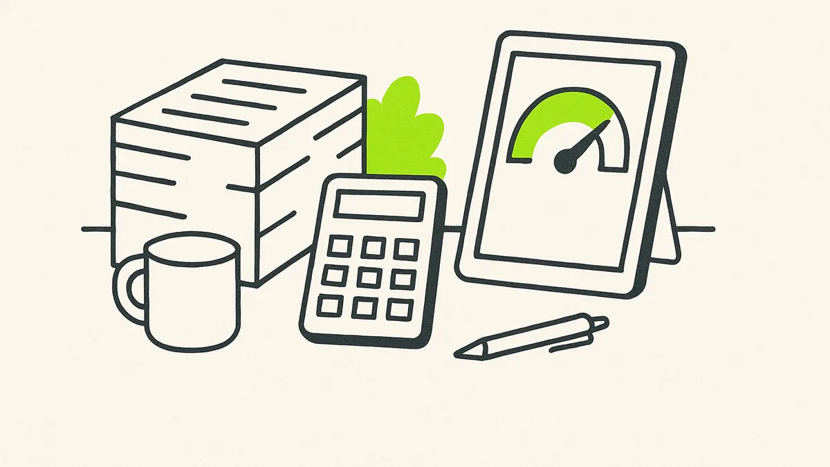 A small desk with a calculator, a stack of invoices, and a tablet showing a simple usage meter.