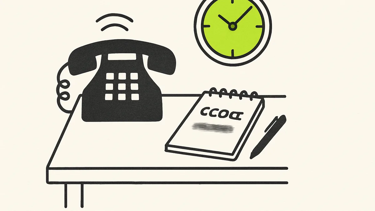 A phone on an office desk with a sound wave graphic coming from the speaker, next to a sticky note with a hand-drawn question mark.