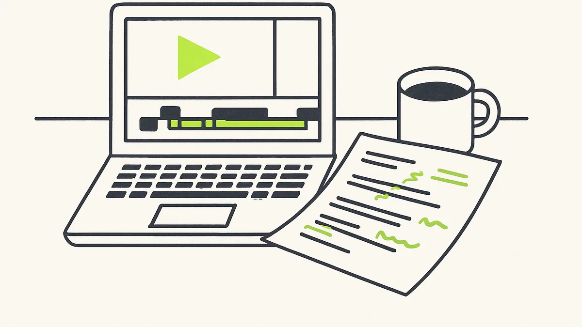 A small business owner reviewing a video timeline on a laptop, with a printed script and handwritten notes on the desk beside it.