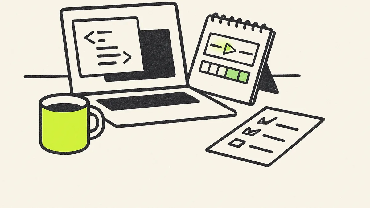 A small workshop desk with a laptop open to a code editor next to a half-assembled video clip timeline on paper.