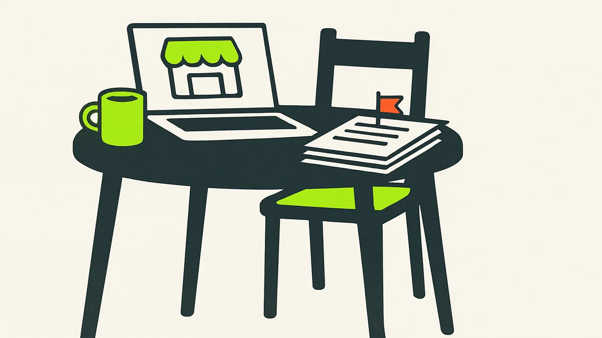 A laptop on a kitchen table showing a simple storefront page, with a stack of unopened mail marked urgent sitting beside it.