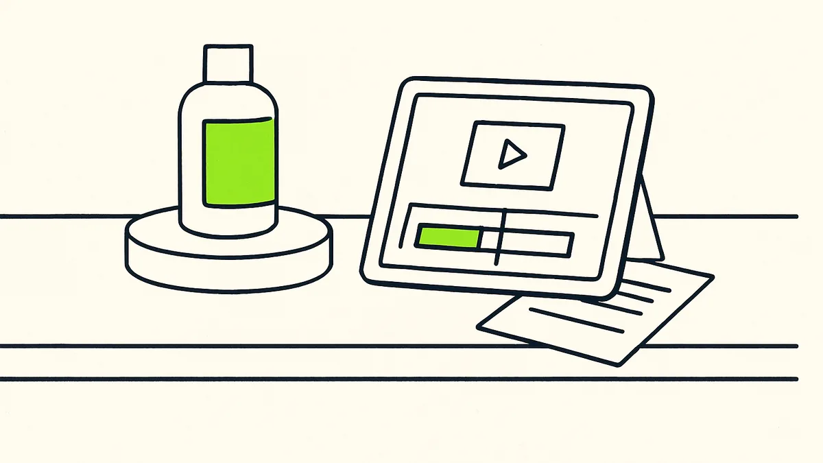 A small shop counter with a product on display and a phone propped nearby showing a video timeline being edited.