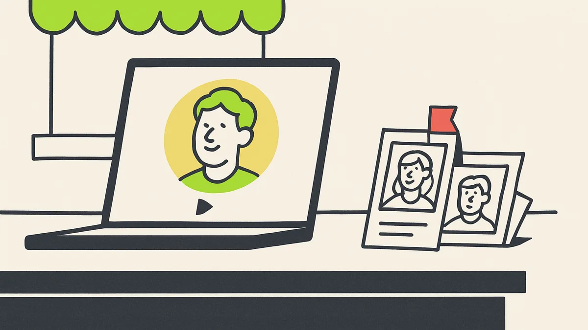A laptop on a shop counter showing a paused video of a smiling AI-generated customer testimonial next to a small stack of real printed customer photos.
