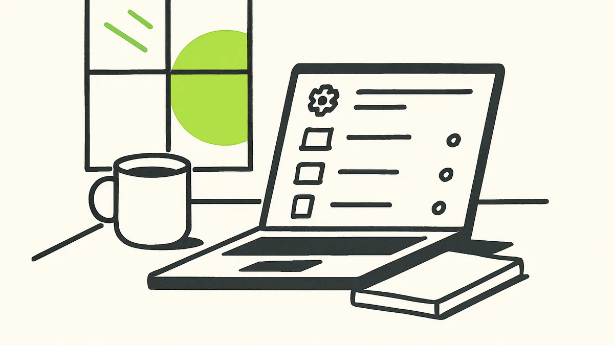 A laptop screen showing a simple list of login entries with times and device icons next to a settings gear icon.