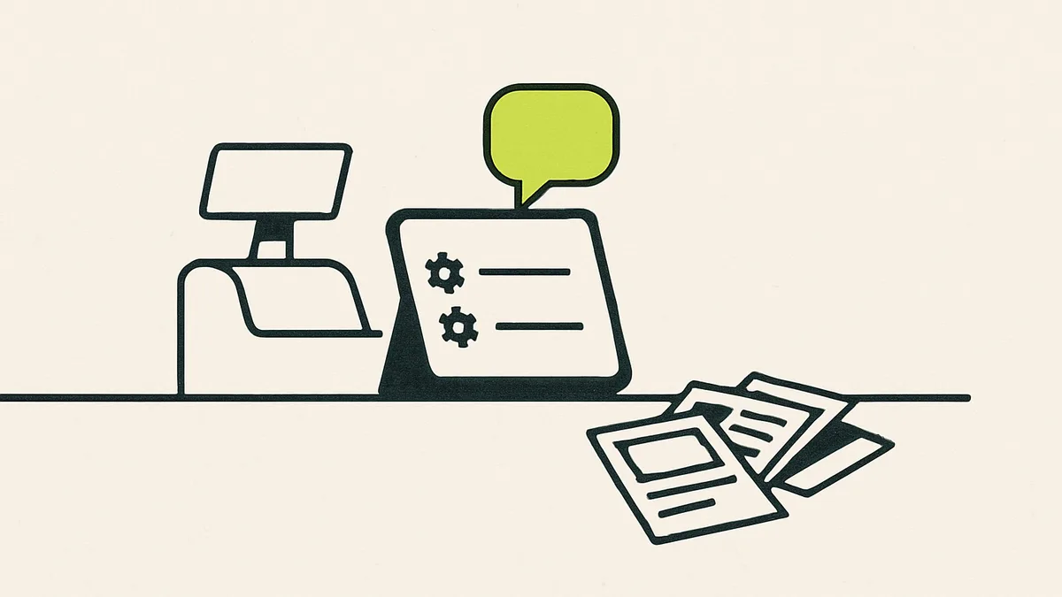 A small business counter with a tablet open to a settings menu, a speech bubble icon beside it and a stack of small printed page mockups fanned out nearby.