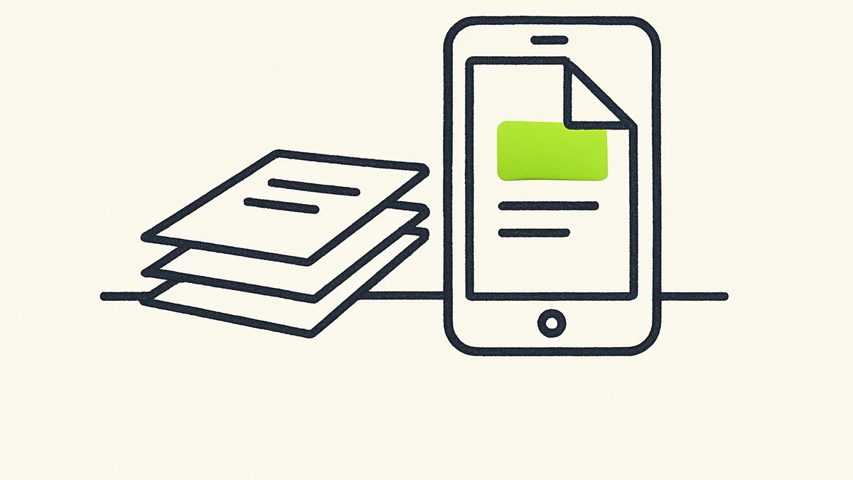 A small stack of paper pages on a desk beside a phone, the pages merging into one document on its screen.
