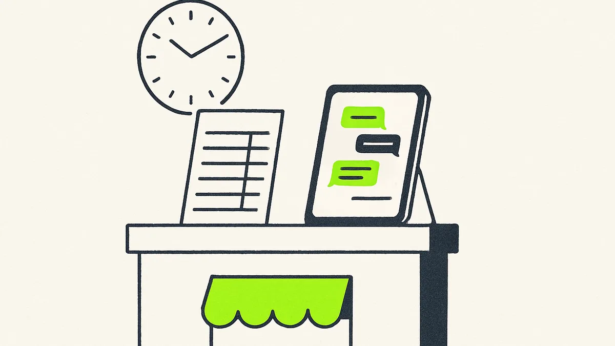 A timesheet on a counter next to a tablet showing a chat assistant, with a clock in the background.