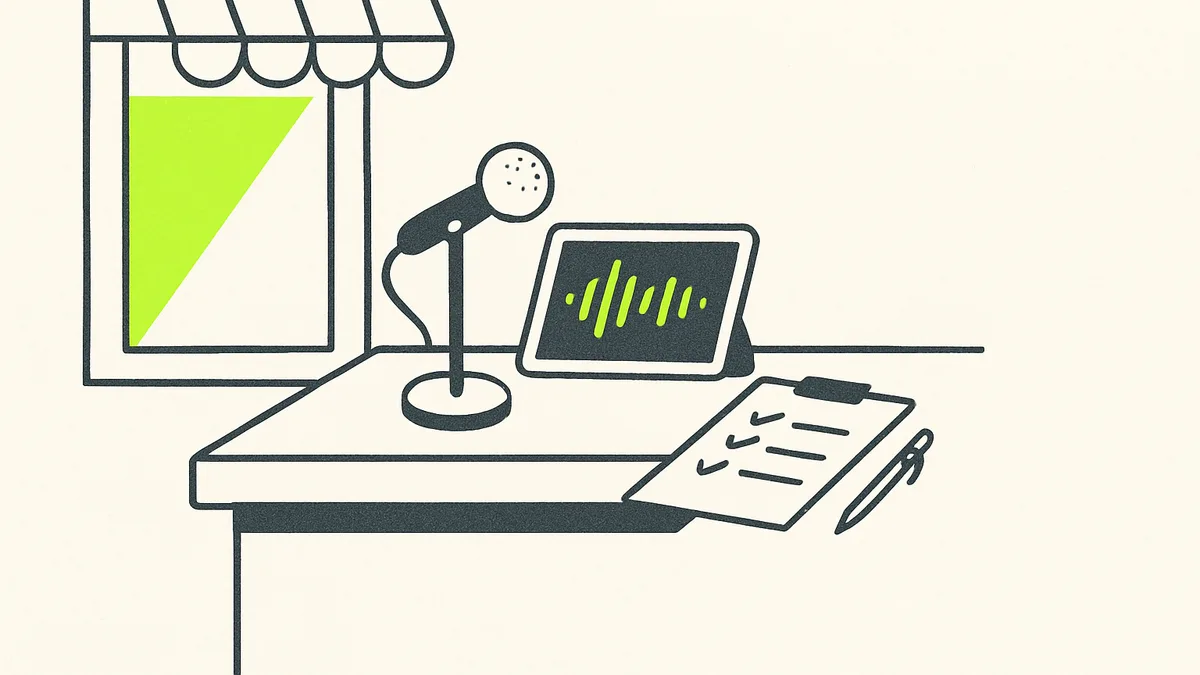 A small shop counter with a microphone and a waveform on a tablet screen, next to a paper checklist.