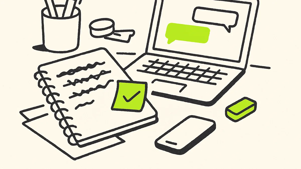 A small desk with a notebook of handwritten corrections next to a laptop showing a chat window.