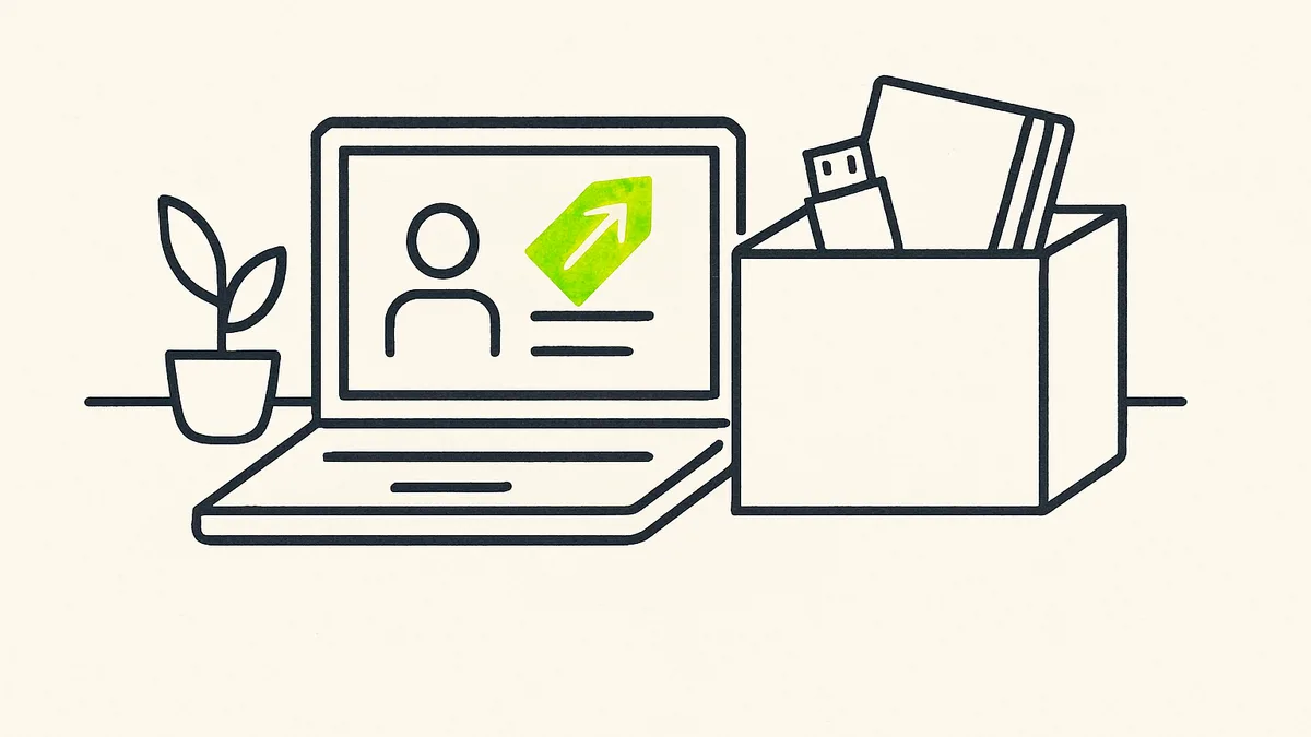 A laptop on a desk shows an account billing page with a cancel option highlighted, next to a small open box packed with a notebook and a USB drive.