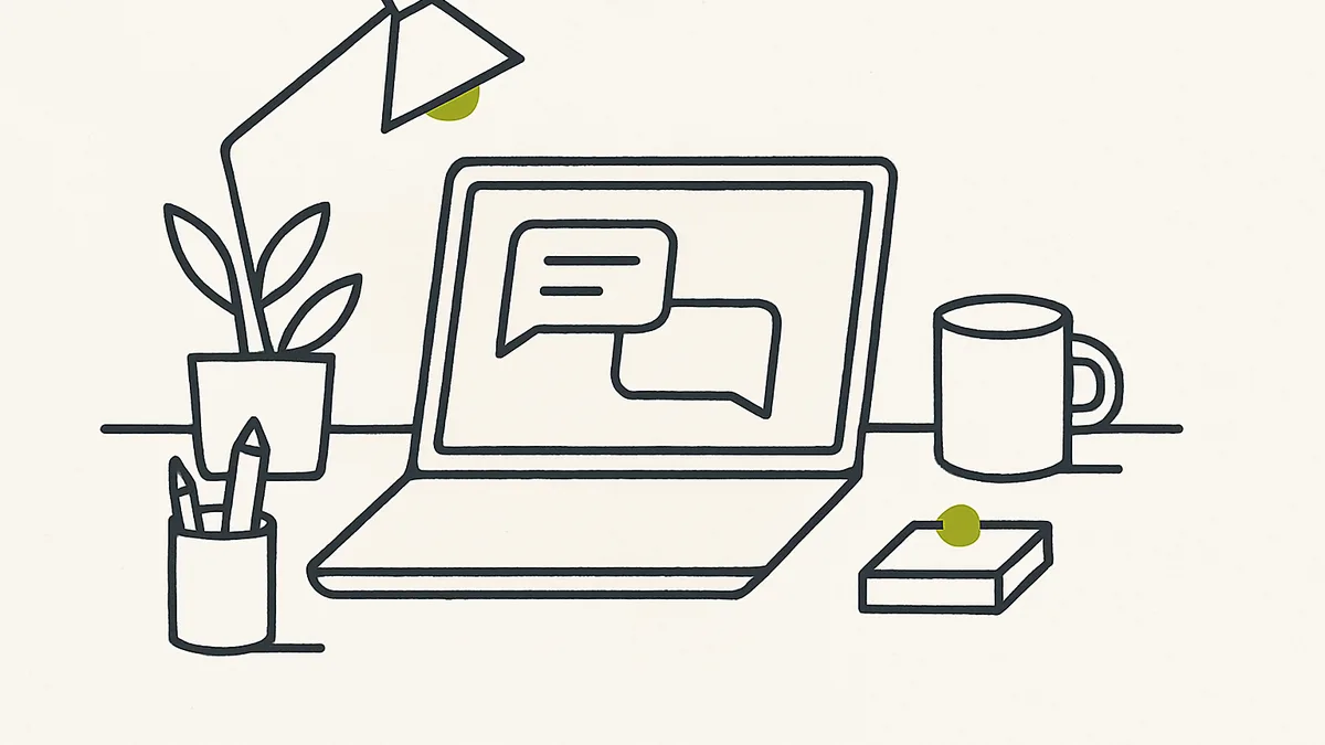 A small business desk with a laptop showing a chat window and a small robot-like icon working quietly in the corner of the screen.