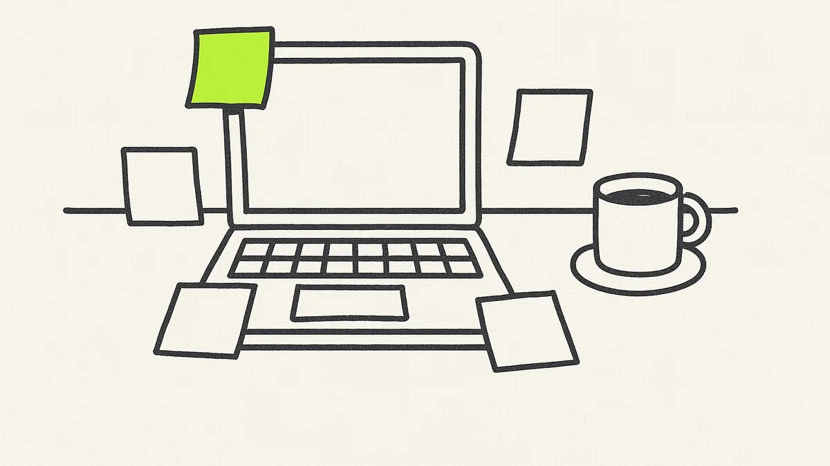 A cluttered desk with one laptop and several blank sticky notes fixed to its edge, each representing a different task funneled through the same screen.