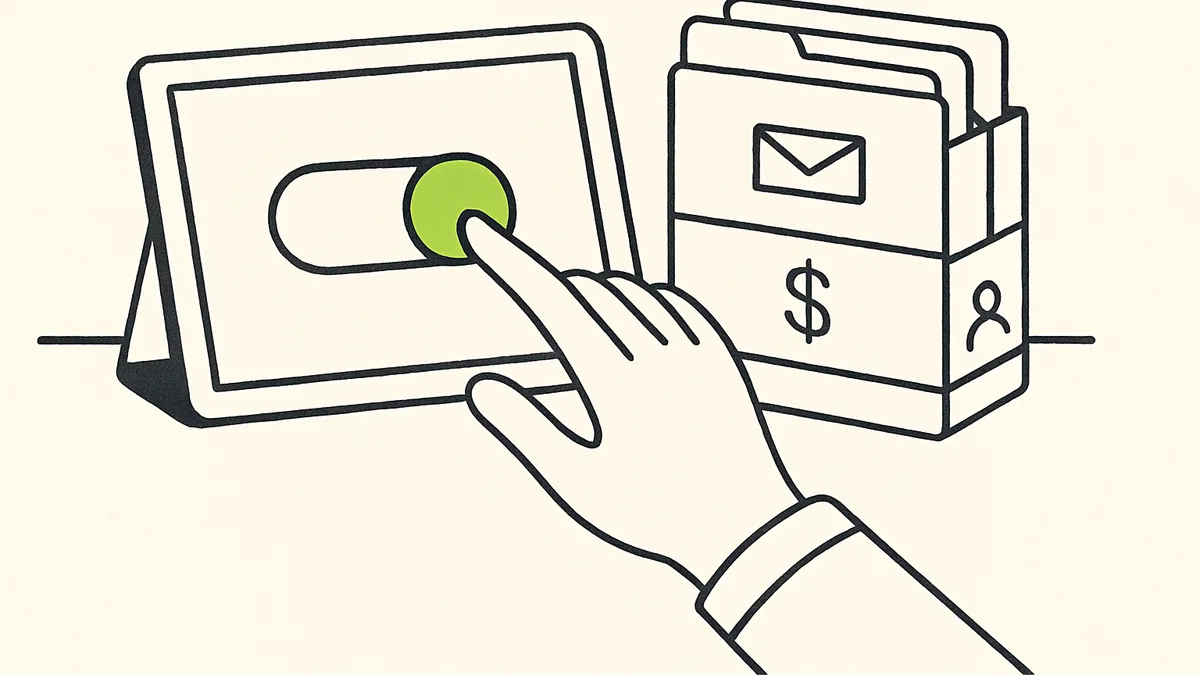 A small office desk with a tablet showing a simple on/off toggle next to a stack of papers labeled with account names, a hand hovering near the toggle.