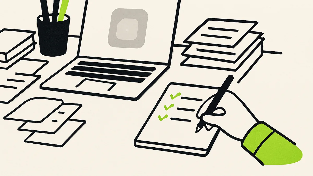 A small business workflow diagram taped to a wall with one card marked as fading out, while a hand copies its contents into a plain notebook.
