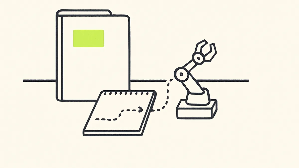 A small folder icon sits next to a robot-arm icon on a tidy desk, connected by a short dotted line.