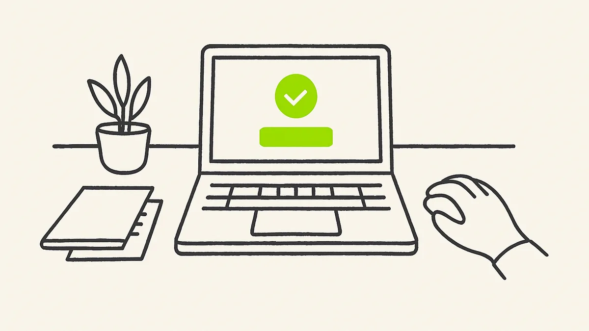 A small office desk where a glowing cursor hovers over a payment form, with a hand resting near the mouse ready to confirm.