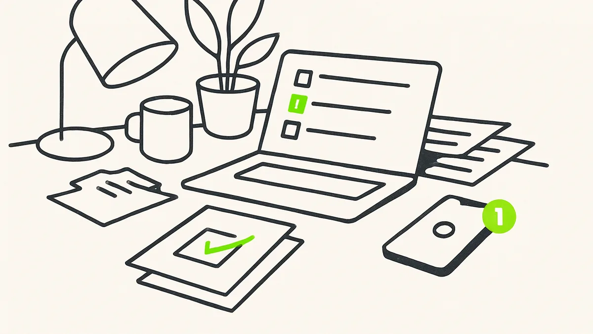 A small desk with a laptop showing a checklist, a phone with a reminder notification, and a stack of invoices with one crossed off.