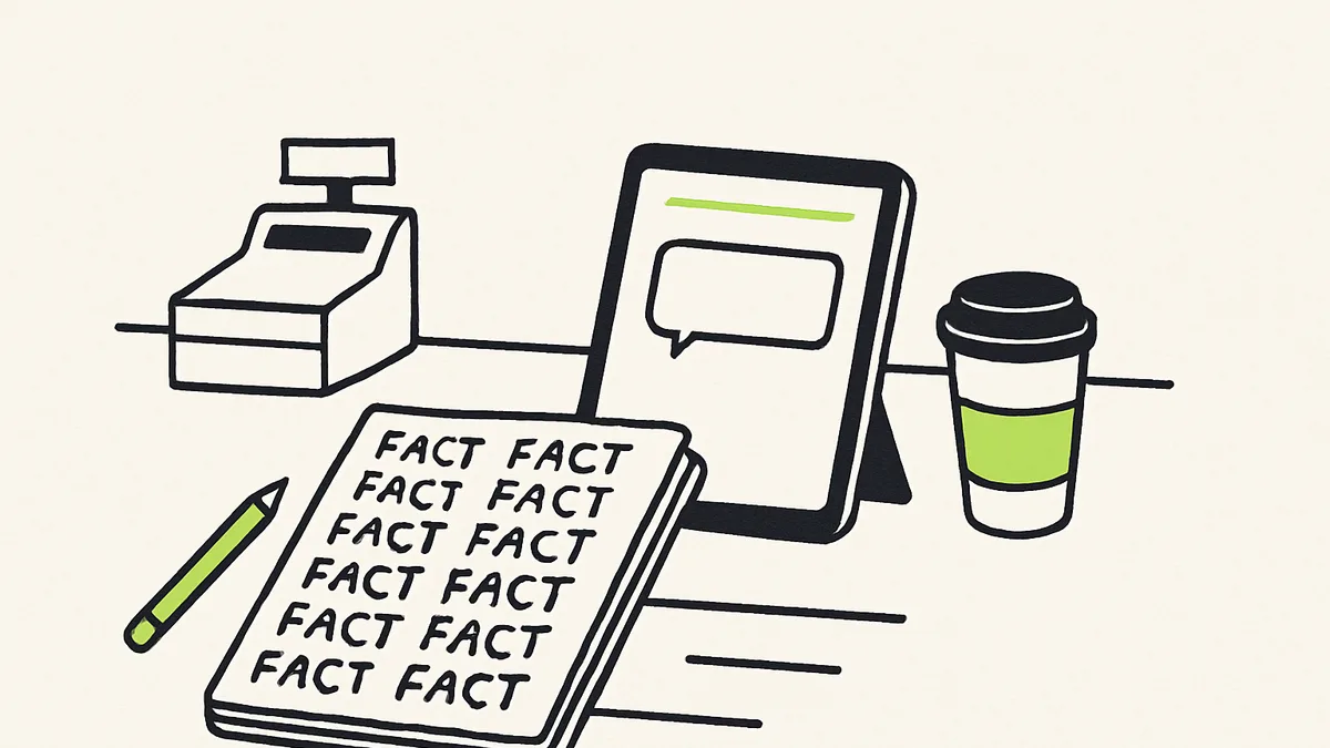 A small desk with a notebook open to a repeated list of the same business facts, next to a tablet showing a blank chat screen.