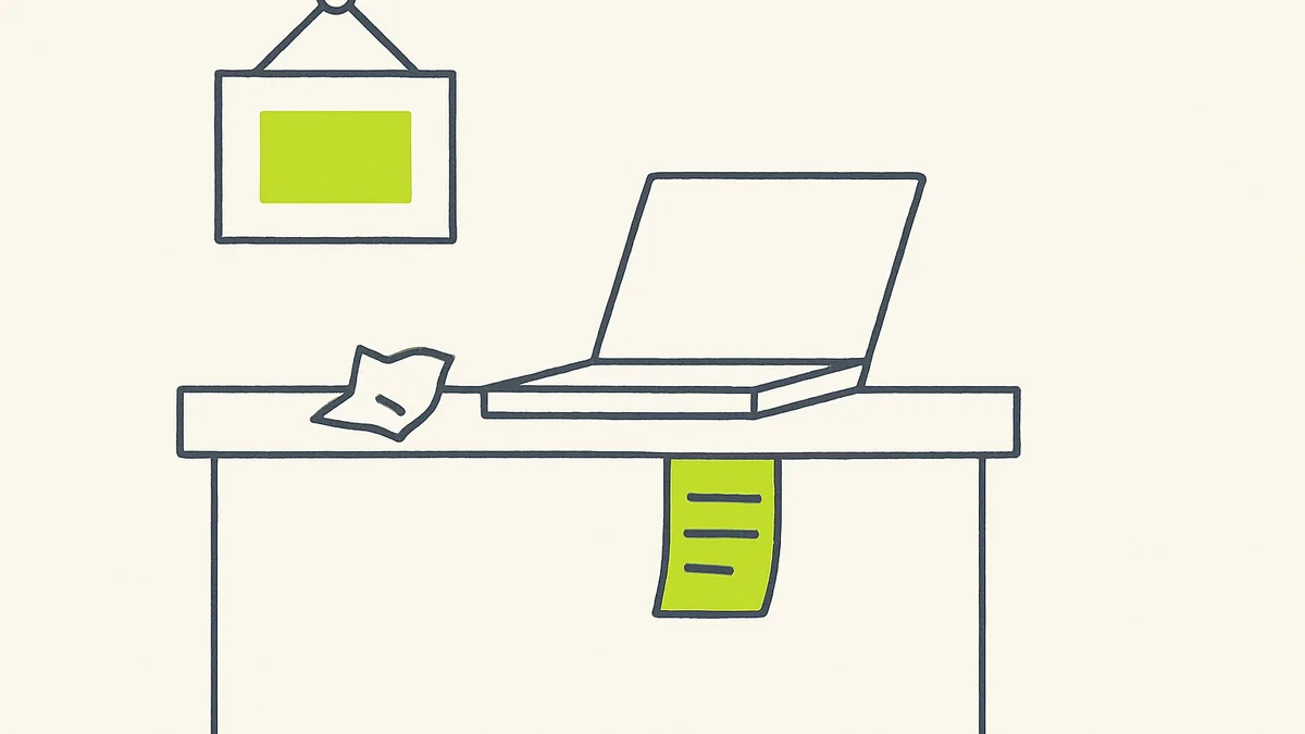 A small business owner at a counter typing into a laptop with a short, vague note on one sticky and a longer, detailed note on another beside it.