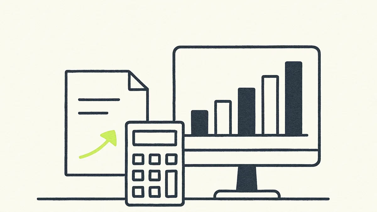 A small business invoice with a rising line graph overlaid on it next to a calculator and a computer screen showing a token usage chart.