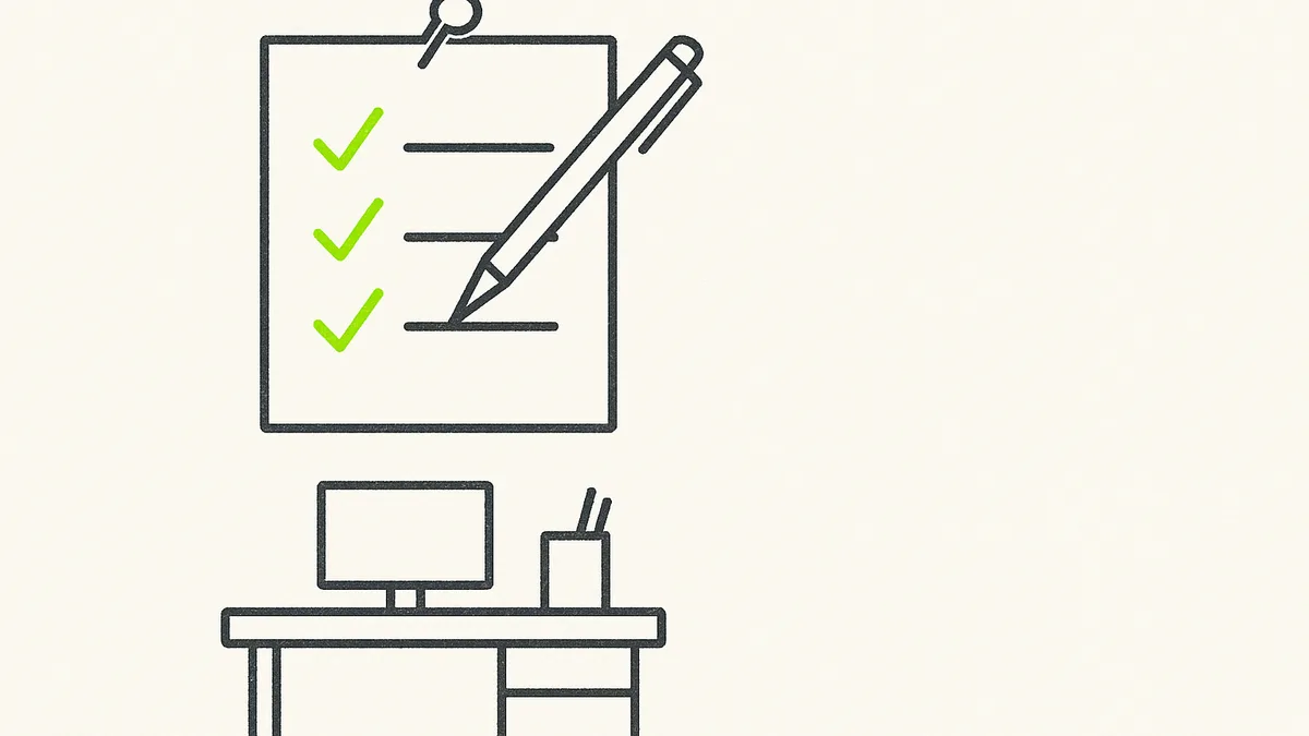 A single printed page pinned above a small office desk, a pen resting across it and three check marks down the margin.